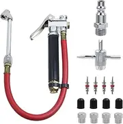 KUMGROT 1 Set Heavy Duty Tire Air Chuck with Pressure Gauge Straight Head Air Nozzle Tire Inflator Attachment with Rubber Hose for Truck Automotive, Red