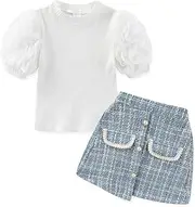 [AMMENGBEI] Toddler Little Girl Summer Outfits Puff Short Sleeve Shirt Plaid Tweed Skirt Set Kids 2Pcs Fashion Clothes