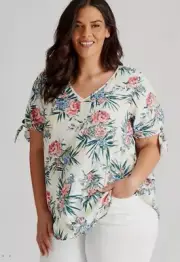 Autograph Top Plus Size 26 Shirt Blouse Floral Short Tie Sleeve Viscose RP$80
