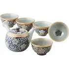 Hasamiyaki teapot, teacup, sencha, 6-piece set, arabesque bellflower pattern, ma