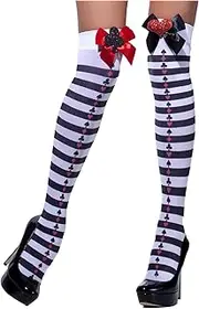 [My Illusions] Women's Fairytale Stockings WIth Bows Adult Black and White Striped Hold Ups Halloween World Book Day Ladies Costume Accessory, Black and White, One Size