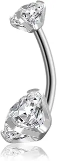 [Elfex] 316L Stainless Steel 14G Belly Button Rings Navel Rings Belly Rings 8mm Belly Piercing Prong Set Belly Button Navel Piercing Ring Double Sparkle CZ Navel Barbell