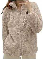 [lcyhony] Womens Sherpa Fleece Jacket Winter Warm Loose Comfy Zip Up Coats Y2k Casual Long Sleeve High Neck Tops Trendy Clothes