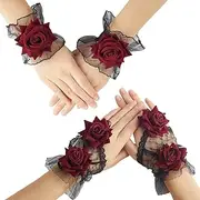 [GORGECRAFT] 2 Pairs Rose Fingerless Short Lace Gloves Wrist Cuffs Lolita Black Prom Bridal Red Flower False Hand Sleeves Ruffled Gothic Costume Accessory for Women Ladies Wedding Dress Halloween