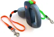 Heyone 2 Two Dog Reflective Retractable Pet Leash - Two Dogs Each up to 50 lbs and 10ft. Reflective Orange and Green Leads. Dual Locking, Small, Gray