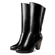 Women Riding Boots Knee High Pointed Toe Chunky High Heels Winter Zip Warm Shoes