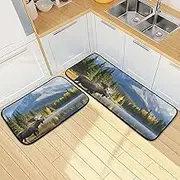 YXYZRMY Kitchen Mats for Floor, 2 Piece, Autumn Moose Landscape Forest Funny Cute Washable Non-Slip Kitchen Rugs Set for Home & Office, Sink, Laundry, 19.7” x 27.6” + 19.7” + 47.2”