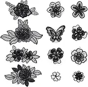 ECSiNG 12 Black Floral Patches with Black Flowers, Pearl Embroidery, Sewing Patches for DIY Clothing Accessories