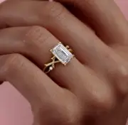 Unique Emerald Cut Moissanite Engagement Ring Twisted Infinity Band Wedding Ring
