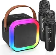 JIMACRO Mini Machines Karaoke with 2 Wireless Microphones, Karaoke Machine with LED Lights Bluetooth Speaker and Microphone Set for Kids Adults (Black)