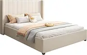 High Rise Headboard Beige Linen Fabric Four MDF Drawers with Wheels Bed Frame in King Size