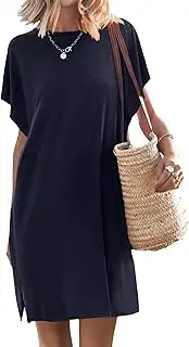 [Generic] Women's Short Sleeve Coverups T-Shirt Dress Batwing Sleeve Mini Sundress Solid Side Slit Vacation Dresses