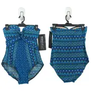 Miraclesuit Women 8 Mosaica Seville Swimsuit Blue Bandeau One Piece NEW