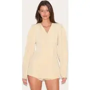 Butter Yellow Cross Front Cocoon Sleeve Tailored Playsuit, Almond