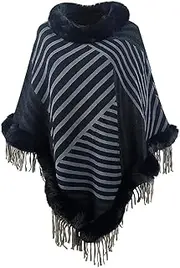 [Tngan] Faux Fur Collar Shawl Wrap Tassel Fringed Pullover Cloak Coat Knitted Winter Cape for Women