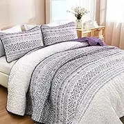Menghomeus Boho Quilt Set King Purple Aztec Stripe Printed Bedspread with 2 Pillowshams Bohemian Patchwork Bedding Set Soft Microfiber Quilted Coverlet for All Season, RS16AC080796K3U-P