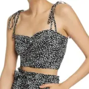 NWT AQUA Tie Shoulder Ruched Black White Dot Spotted Crop Top Small