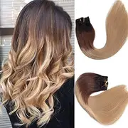 Clip in Hair Extensions Human Hair 16 inch Dark Brown with Light Brown Dip Dyed Ombre Balayage 120g Full Head Straight Soft Extension Clips on
