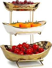 XUDREZ White Gold Fruit Bowl for Kitchen, 3 Tier Ceramic Bowl with Metal Stand Tiered Fruit Basket Stand for Salad Snacks Bread Candy Vegetable Storage (Gold)