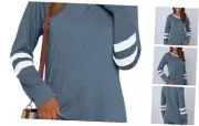 Womens Long Sleeve Shirts Color Block Casual Crewneck Tops Small Lightblue
