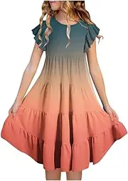 [Generic] 4t Girls Flower Girl Dress Layer Sleeve Flowy A Line Casual Gradient Midi Dresses for 615 Years Floral Overall Dress Girls