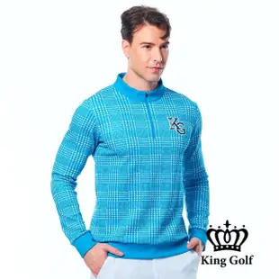 【KING GOLF】男款中厚款小立領滿版千鳥格圖形長袖POLO衫/高爾夫球衫(湖水綠)