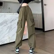 High Waist Plain Drawstring Cargo Baggy Pants Army Green - XL