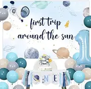 Outer Space Theme 1st Birthday Decorations for Boy, First Trip Around the Sun First Birthday Party Supplies for 1 Year Old Boy, Ocean Blue Balloon Backdrop Highchair Banner Cake Topper