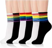 [AKAMAS] 6 Pairs Women's Colourful Striped Rainbow Pattern Socks White Black LGBTQ Pride Sports Socks Cotton Socks Funny Crew Socks Casual Socks Ankle Socks, multicoloured, 35-41