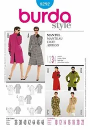 Burda Sewing Pattern 8292 Misses Coat Sizes 10-22 Euro 36-48