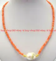 Faceted 2x4mm Orange Topaz Gemstone Beads White Baroque Pearl Necklace 20"