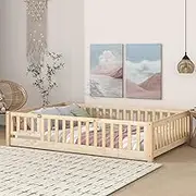Tatub Full Floor Bed with Rails and Door and Slats, Montessori Bed Frame for Girls and Boys, Wood Montessori Floor Bed for Kids, Nature