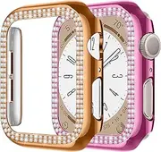 2-Pack PC Cases with Double Row Diamond for Apple Watch 41mm, Bling PC Protective Bumper for iWatch Series 9/8/7 - Rose Gold & Rose Pink
