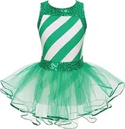 [TiaoBug] Kids Girls Sequins Candy Cane Christmas Costume Figure Ice Skating Ballet Dance Leotard Tutu Dress