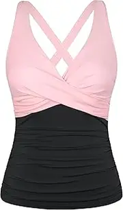 [Firpearl] Women Underwire Tankini Top Only Twist V Neck Swimsuits for Big Busted Ruched Tummy Control Bathing Suits Top, Pink&Black, 18
