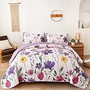 Anibedding Purple Quilt Set Full, Floral Pattern Microfiber Bedspreads Full Size 3 Pieces Lightweight Reversible Bedding Set with 2 Pillowcases(78"x90")