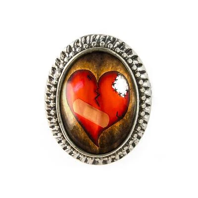 Broken Bandaged Zombie Heart Gothic Handmade Silver Adjustable Ring - 135-SOR