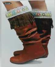 Women Western Boot Toppers Pair Brown Faux Leather Fringes Multi-Color w/Bling