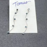 Tomas Sterling Silver Curved Earrings Blue CZ Gems Made in Thailand 1.5”