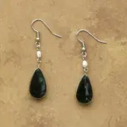 Semi-Precious Stone Black Obsidian w/River Pearl Dangle Earrings-Peru Jewelry