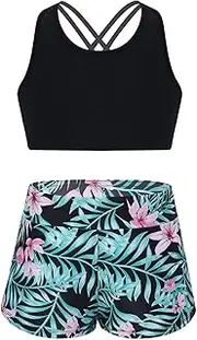 [iEFiEL] Kids Girls Camo Gymnastic Sports Crop Top with Shorts Set Gym Yoga Fitness Workout Activewear Swimwear Dancewear