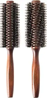 Boar Bristle Round Hair Brush Set with Nylon Pin, Wooden Handle for Straightening Curling Volumizing and Detangling (2 in 1)