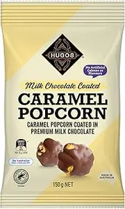 HUGOS Milk Chocolate Caramel Popcorn 150g pack x1. Hugos Chocolates, snacks and sweets are without compromise or comparison. Indulgent favourites for the perfect sweet popcorn snack or chocolate gift