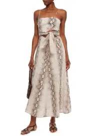 RRP€625 ZIMMERMANN Linen Midi Dress Size AU0 US4 XS Snakeskin Pattern Strappy