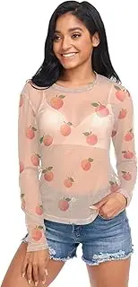 [AIXIWAWA] Women Long Sleeve Mesh Sheer Top Cute Peach, Sexy See-Through Blouse for Party Evening Wear S