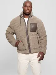 GUESS Brown Faux Sherpa Jacket Size: Large, Polyester