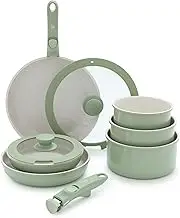 GreenLife Click 10-Piece Ceramic Nonstick Cookware Set, Detachable Handle, Stackable Space Saving Kitchen Essential, Non Toxic PFAS-Free Pots & Pans, Induction & Oven Safe, Glass Lid, Sage Green