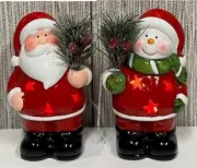 Christmas Santa and a snomman with tree sprig and LED Lights inside approx 13cm