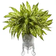 Nearly Natural Aglaonema With White Metal Planter Lush Look Home Decoration