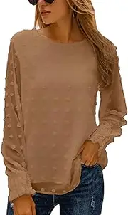 [Blooming Jelly] Womens Chiffon Blouses Elegant Lantern Long Sleeve Round Neck Top Pom Pom Shirts